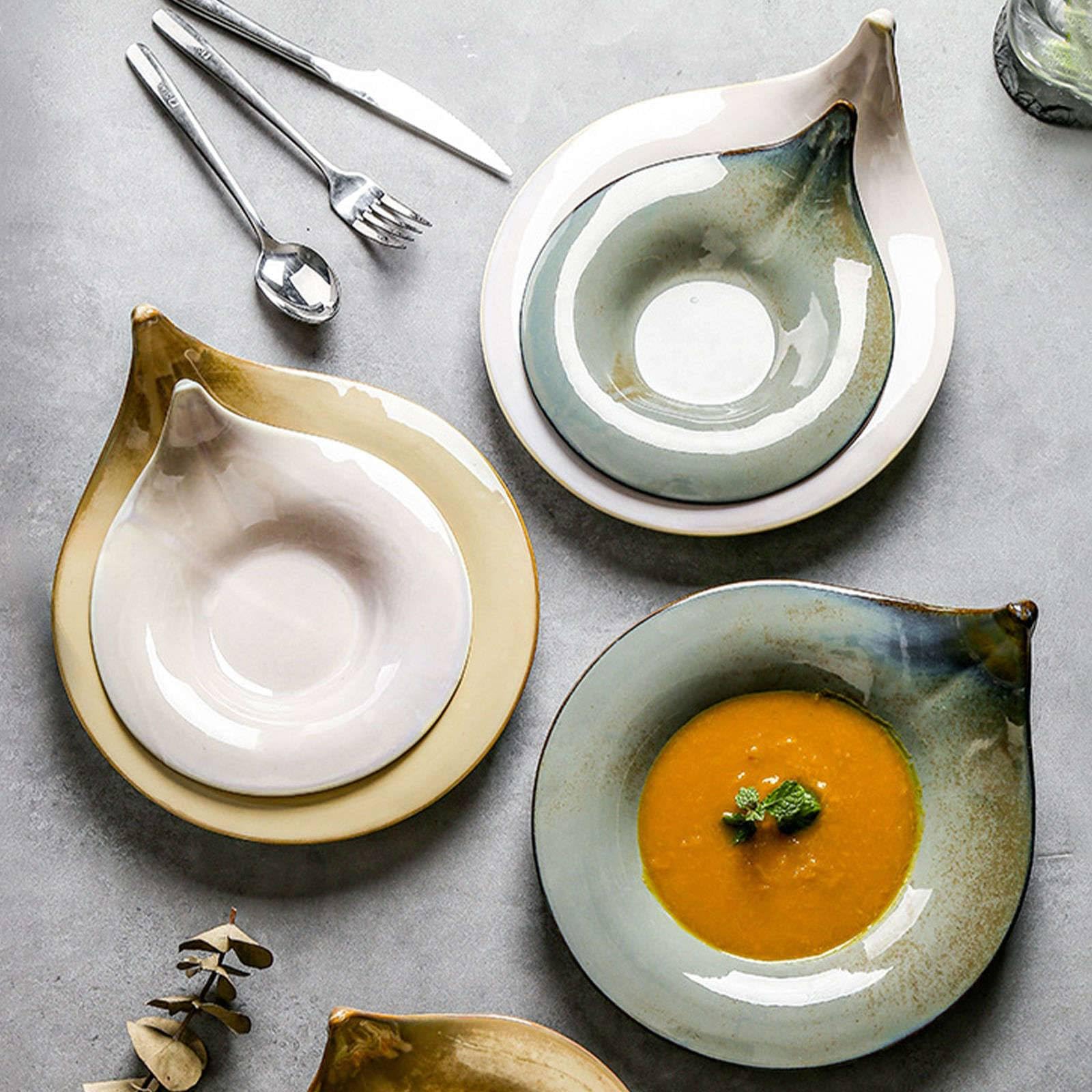 Servierschüssel aus Keramikporzellan für Nudelsalat, Tiefe Suppenteller, große Flache Schüssel, großer Salatteller, Zwei Teller - grau - große und kleine Sets