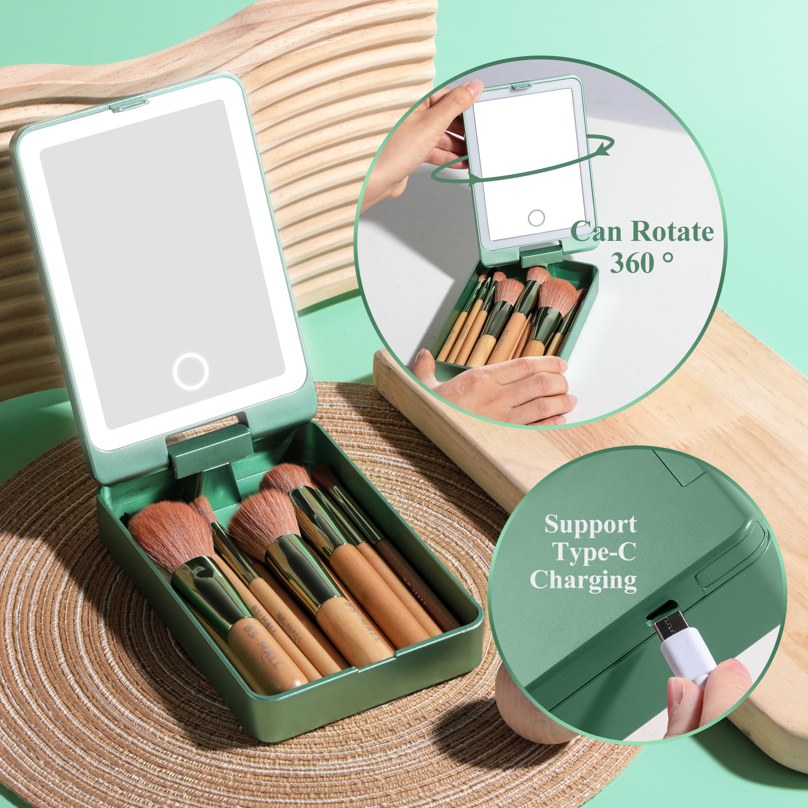 BS-MALL Lot de 14 pinceaux de maquillage de voyage pour fond de teint, poudre, anti-cernes, ombre à paupières, avec miroir lumineux LED, vert