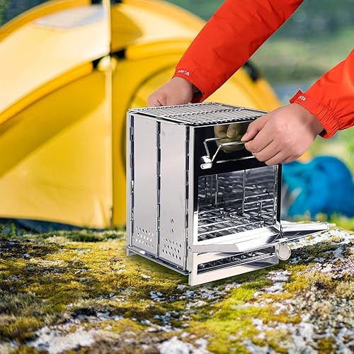Miniatura 4 de REDCAMP estufa de campamento para madera plegable de acero inoxidable 304# parrilla, SL portátil para senderismo, camping, supervivencia barbacoa