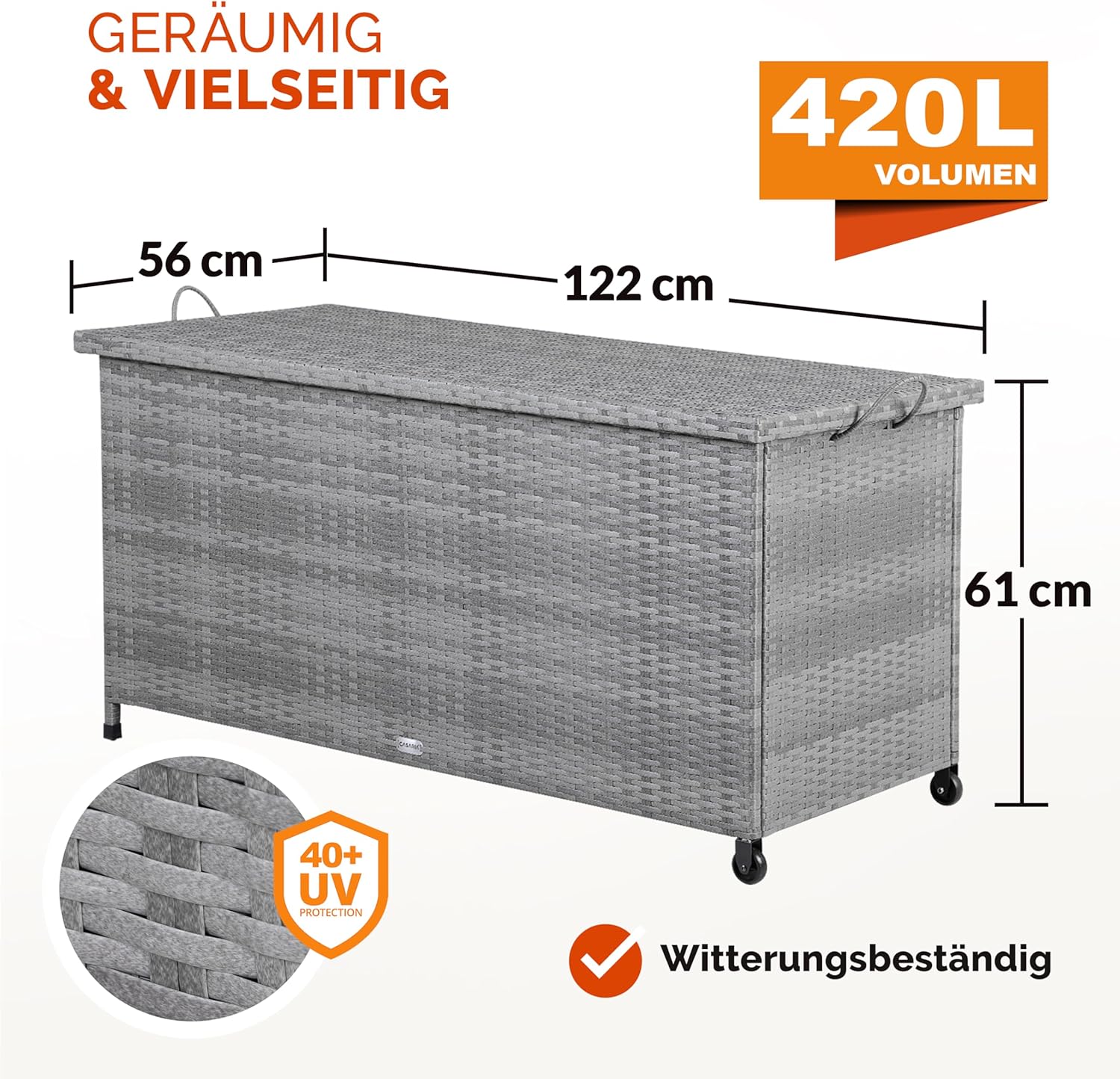 Dimensions of the Casaria storage box: 122 cm length, 56 cm width, 61 cm height