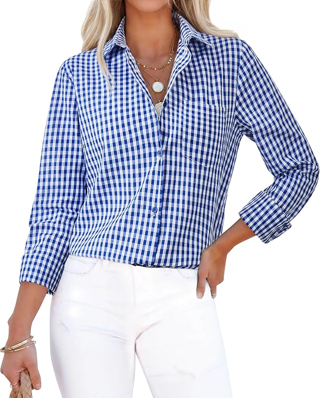 siliteelon Plaid Shirts for Women Cotton Gingham Top Button Down Long Sleeve Casual Collared Dress Shirts Work Blouse