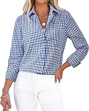 siliteelon Button Down Shirts for Women Gingham Top Plaid Long Sleeve Dress Shirts Cotton Fitted Casual Work Collared Blouse
