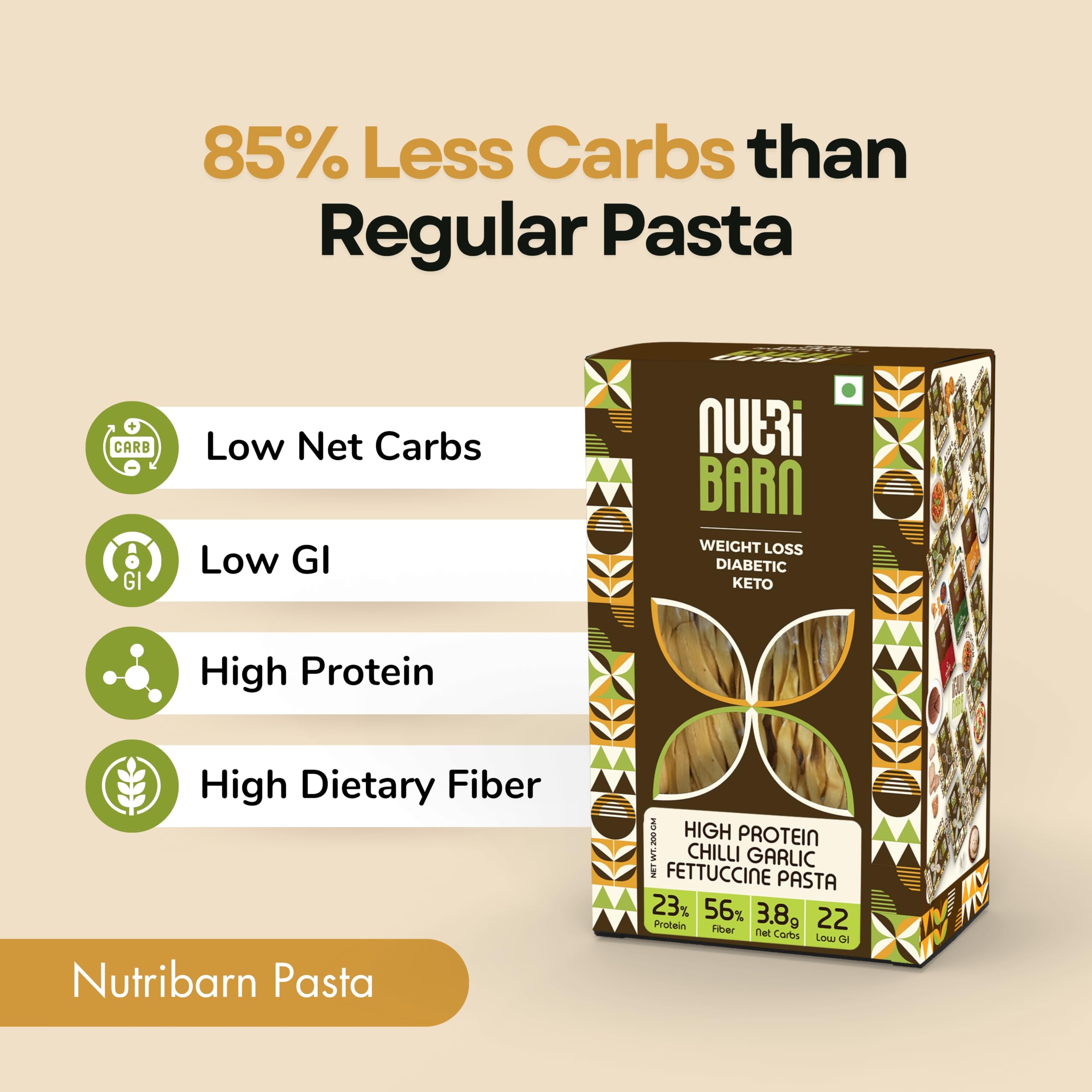 Nutribarn High Protein Low Carb Chilli Garlic Fettuccine Pasta 400 Gms | 23% Protein | 3.8g Net Carbs | Lab Tested Low GI 22 | Diabetic Friendly, Weight Management Flat Noodles | 200g (Pack of 2)