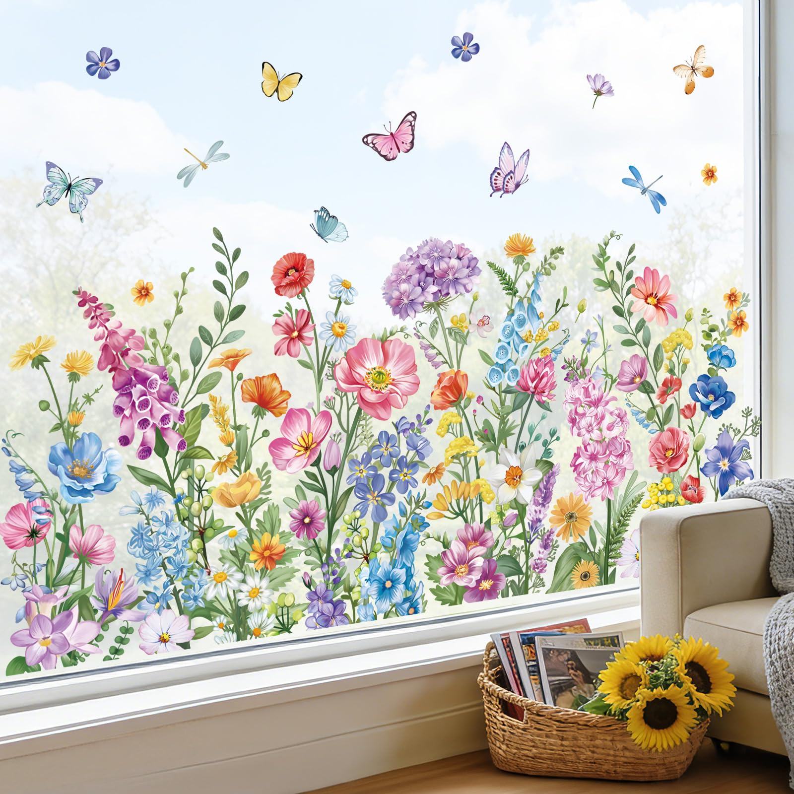 wondever Adesivi Finestra Giardino Fiori Vetrofanie Adesivi Anticollisione per Floreali Erba Selvatici Farfalle Primavera Estate Adesivi Elettrostatici per Vetro Porte Finestre
