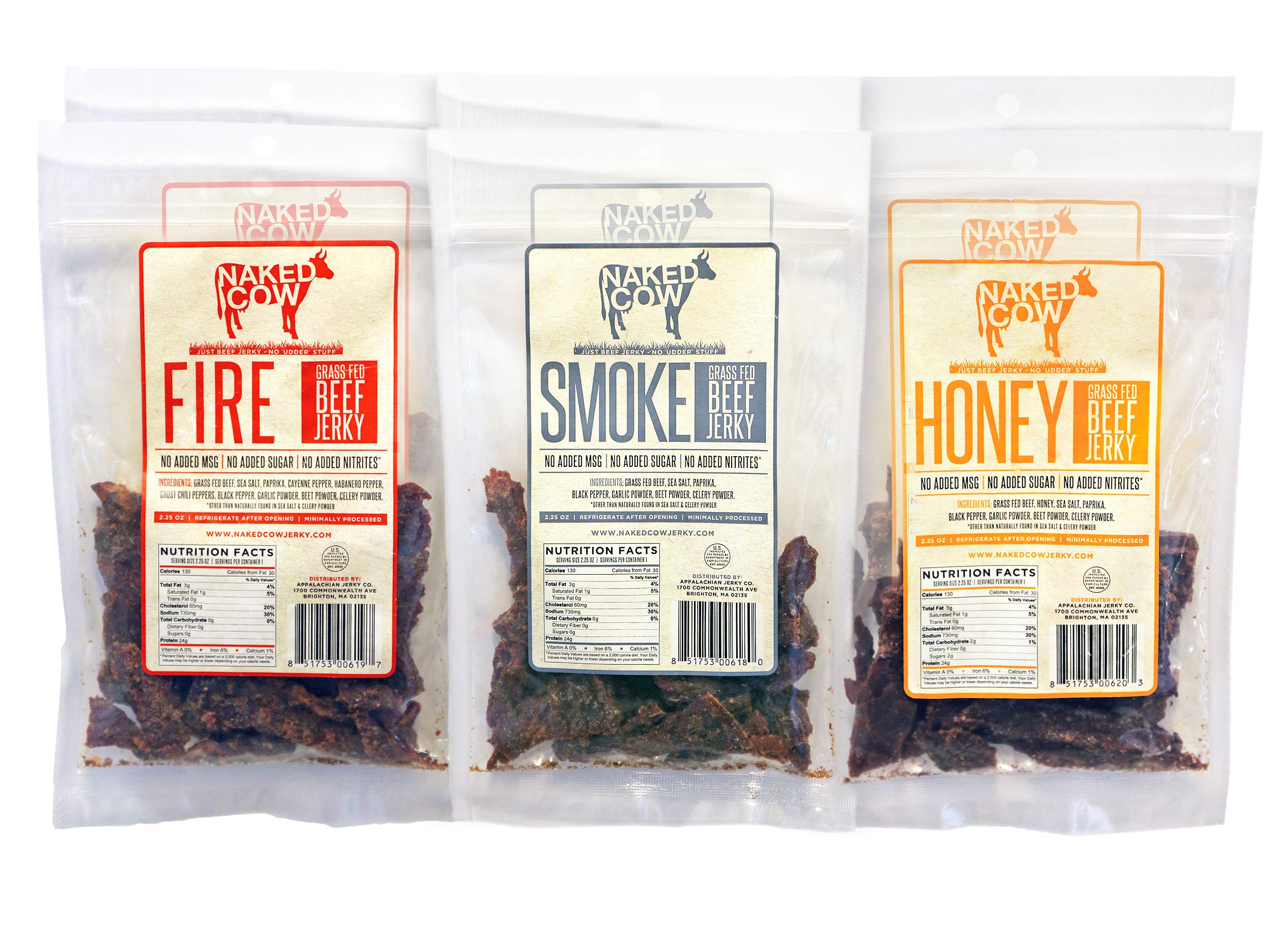 Naked Cow All Natural Grass Fed Beef Jerky - SAMPLER includes TWO (2) bags of HONEY, FIRE and SMOKE (6 Pack)