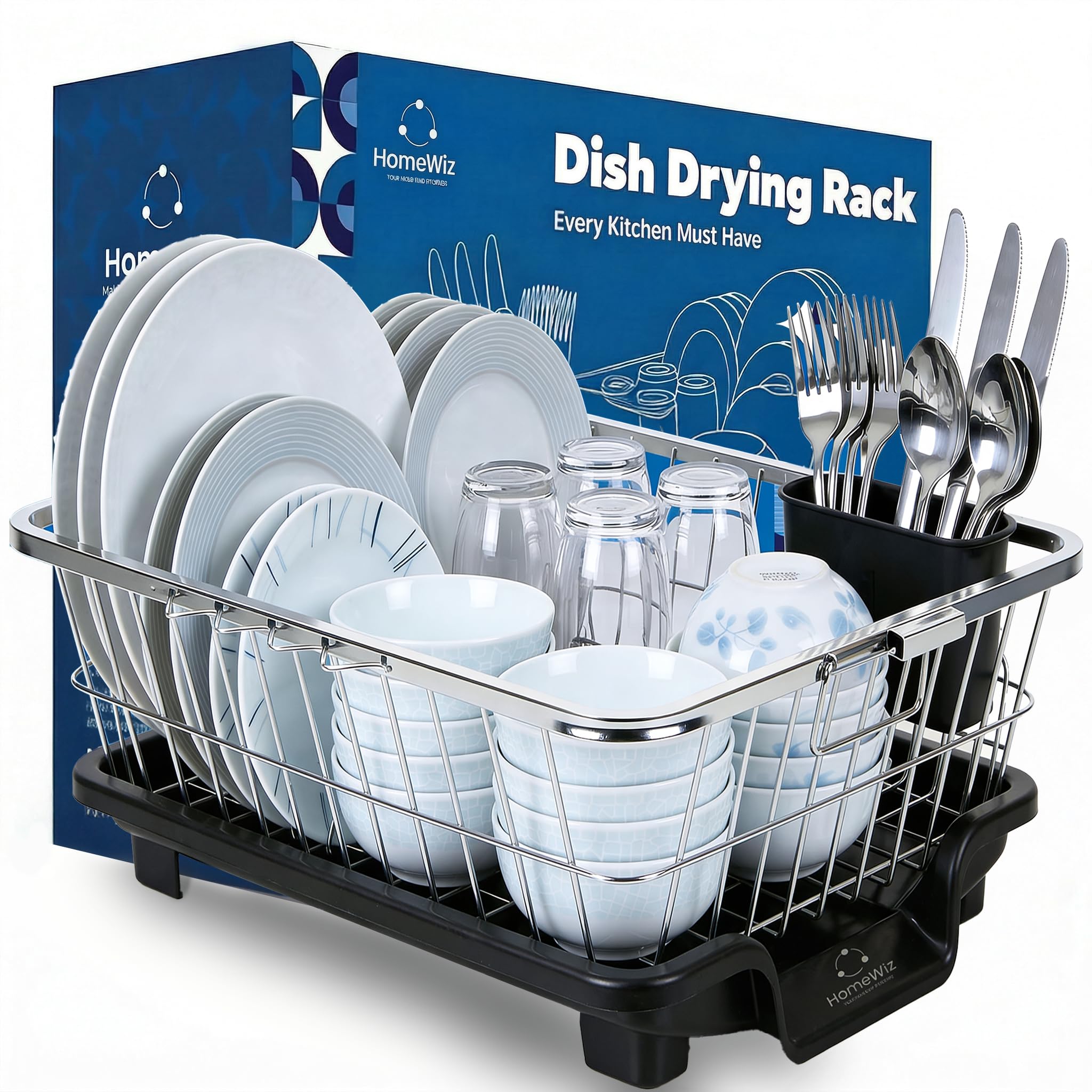 HomeWiz Stainless Steel Dish Drying Rack | Heavy-Duty Dish Drainer Basket with Drain Spout & Cutlery Holder | 50 KG Load Capacity | Size: 45 × 25 × 15 cm | Rust-Free Kitchen Utensil Stand-image-1