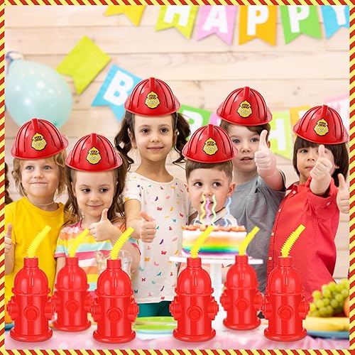 Miniatura 5 de Panitay 24 tazas de boca de incendios de 10 onzas con tapas de plástico para bomberos, patrulla de bomberos, regalos de fiesta, reutilizables, rojo,