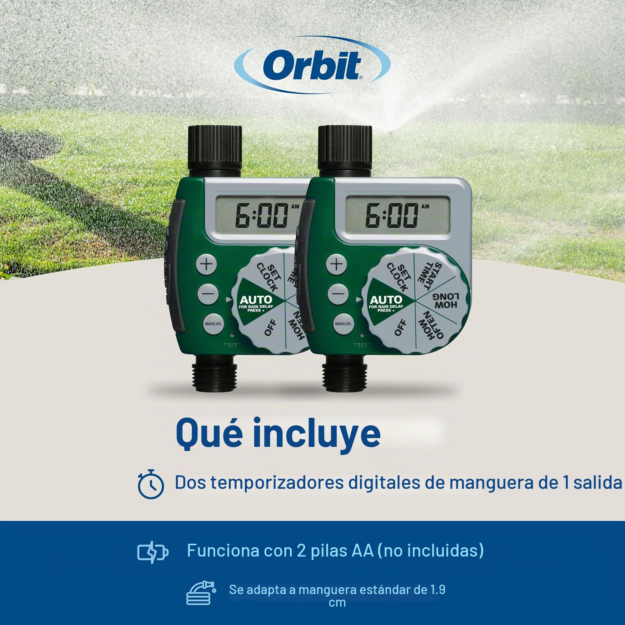 Orbit 62067 Temporizador Digital programable de riego de Manguera de 1 Salida, Paquete de 2