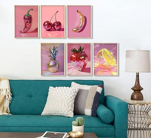 Miniatura 3 de 6 piezas de arte de pared de bola de discoteca rosa de moda, pintura de bolas de discoteca de frutas, decoración de pared, póster estético de