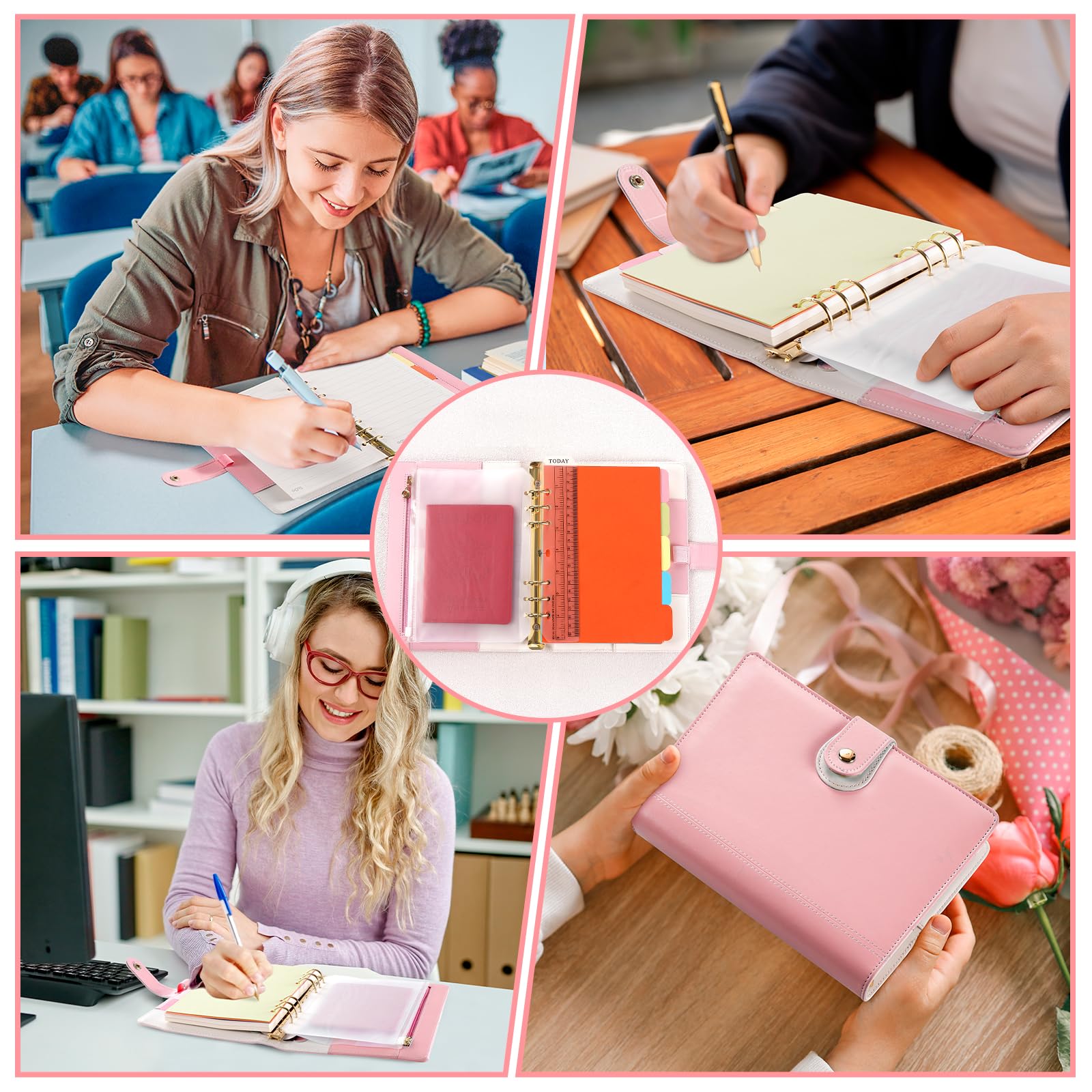 Raccoglitore ad anelli A5, formato A5, ricaricabile con accessori, 6 anelli Planner Blue Refills inclusi accessori Harphia Rosa