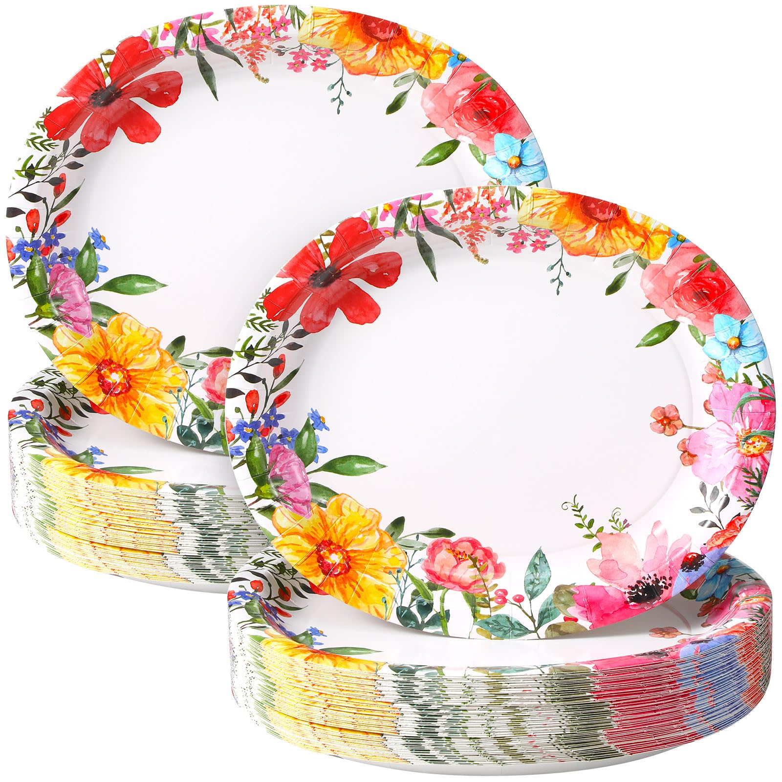 Maxcheck Ovale Pappteller mit Blumenmuster, 25,4 x 30,5 cm, Frühlingsblumen, Einweg-Pappteller, Blumen-Speiseteller für Muttertag, Hochzeit, Frühling, Tee, Party, Dekoration, 100 Stück