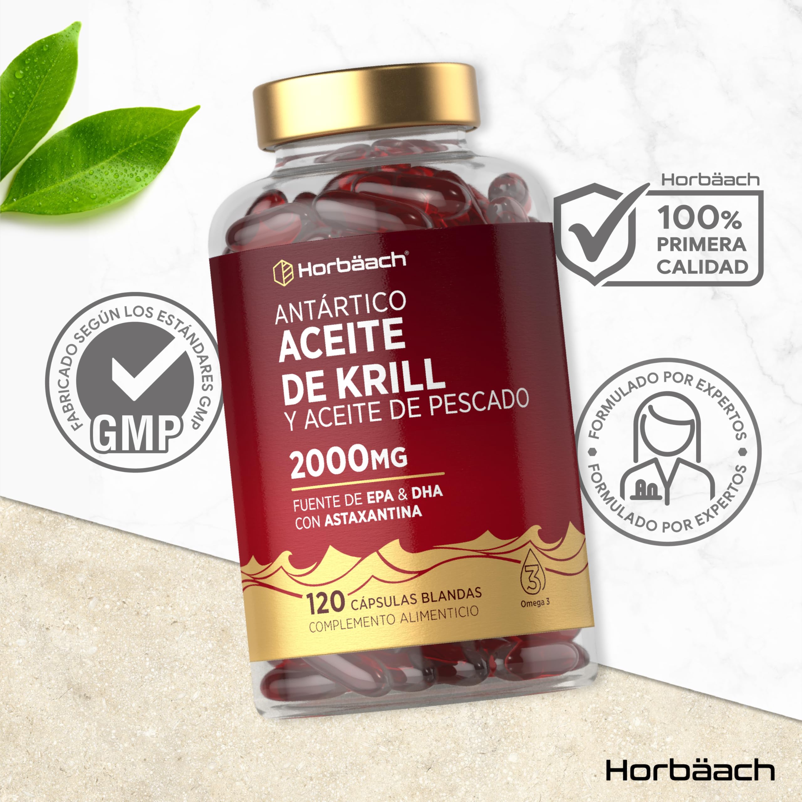 Aceite de Krill Omega 3 Antártico 2000mg | Omega 3 con Astaxantina y Fosfolípidos | 1000mg por cápsula blanda | Ácidos Grasos EPA y DHA | Fish Oil | 120 Perlas | de Horbaach