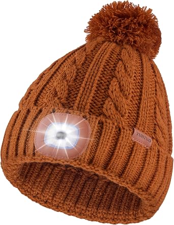 Unisex LED Beanie with Pom-Pom, USB Rechargeable Headlamp Hat Stocking Cap Stuffers Gifts for Men Women