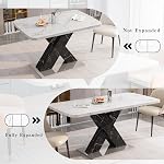 47.24"-62.99" Extendable Dining Room Table for 4-6，Modern Rectangle Dining Table with White Marble Table Top, Black MDF X-Shape Legs and Metal Base for Gatherings, Dining Office Areas