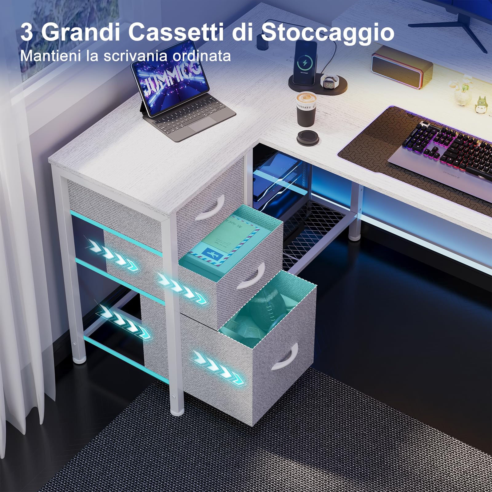 JUMMICO Scrivania da Gaming Angolare a Forma L, 170x90cm con Illuminazione LED, Supporto Monitor Regolabile in Altezza, 3 Cassetti, 2 Prese e 2 Porte USB, Scrivania in Acciaio e Legno, Bianca