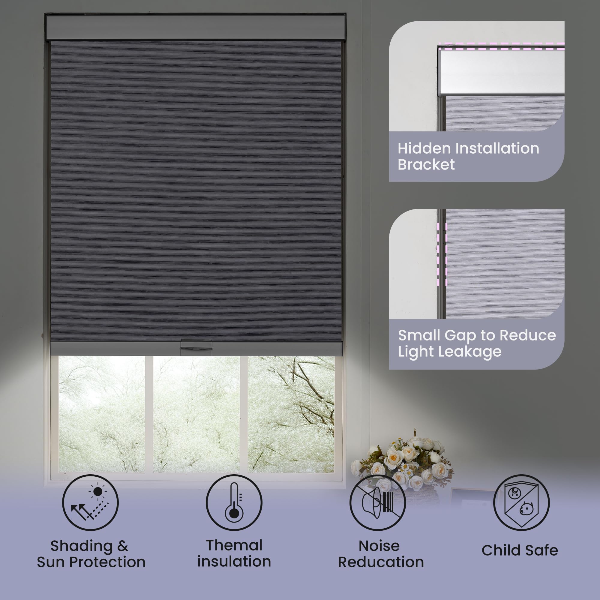 Boolegon Roller Shades Cordless for Windows with Aluminum Cassette Valance, Blackout Thermal Insulation Fabrics Roller Blinds, Easy to Install for Home,Office,Living Room,Bedroom, White,39