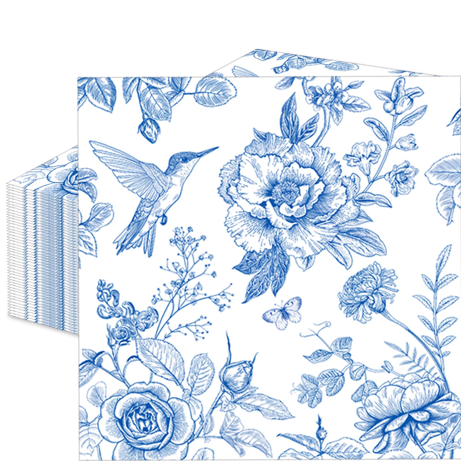 50 Count Blue White Floral Paper Napkins, Disposable Elegant Cocktail Napkins with Hummingbird and Flower Design for Wedding, Bridal Shower, Baby