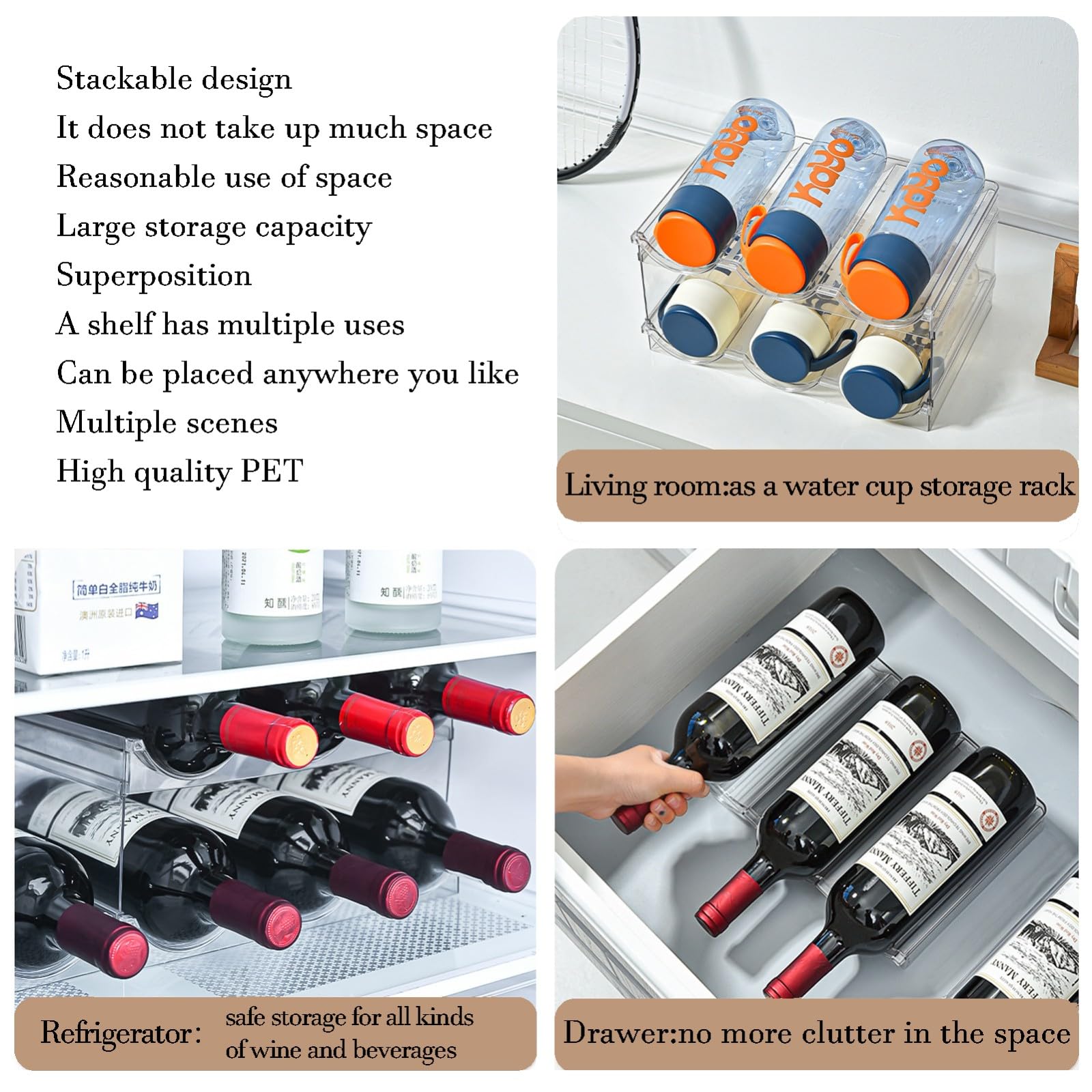 Soporte transparente para botellas de vino, organizador de latas para armario y cocina, organizador de almacenamiento de botellas de agua, estantes apilables de plástico de 2 niveles.