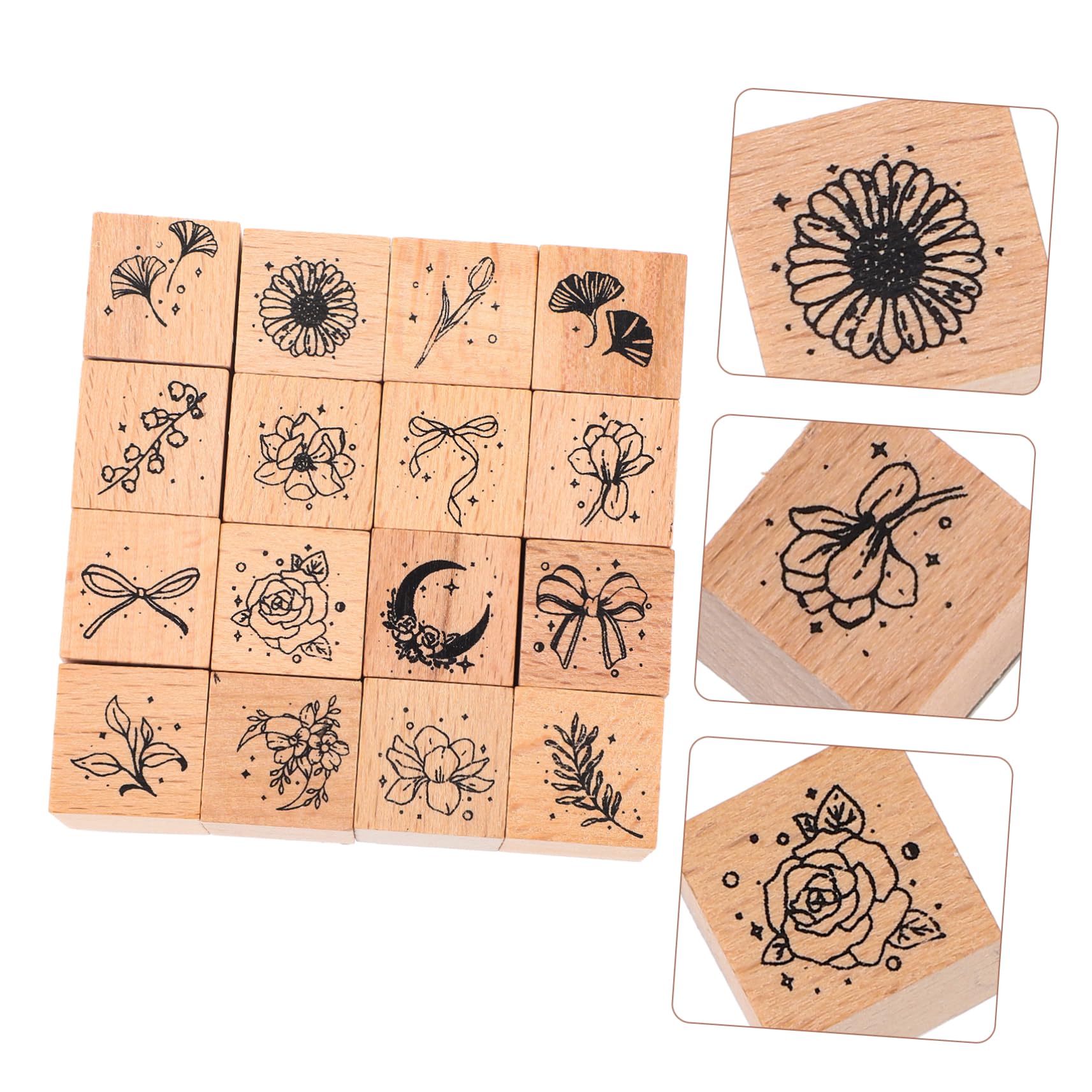 NUOBESTY 5 Set Timbri Per In Legno Collezione Di Fiori E Piante Serie Di Timbri Retrò Set Di 16 Timbri Di Prima Classe Etichette Kit Per La Creazione Di Diari Timbri 16 pezzi * 5