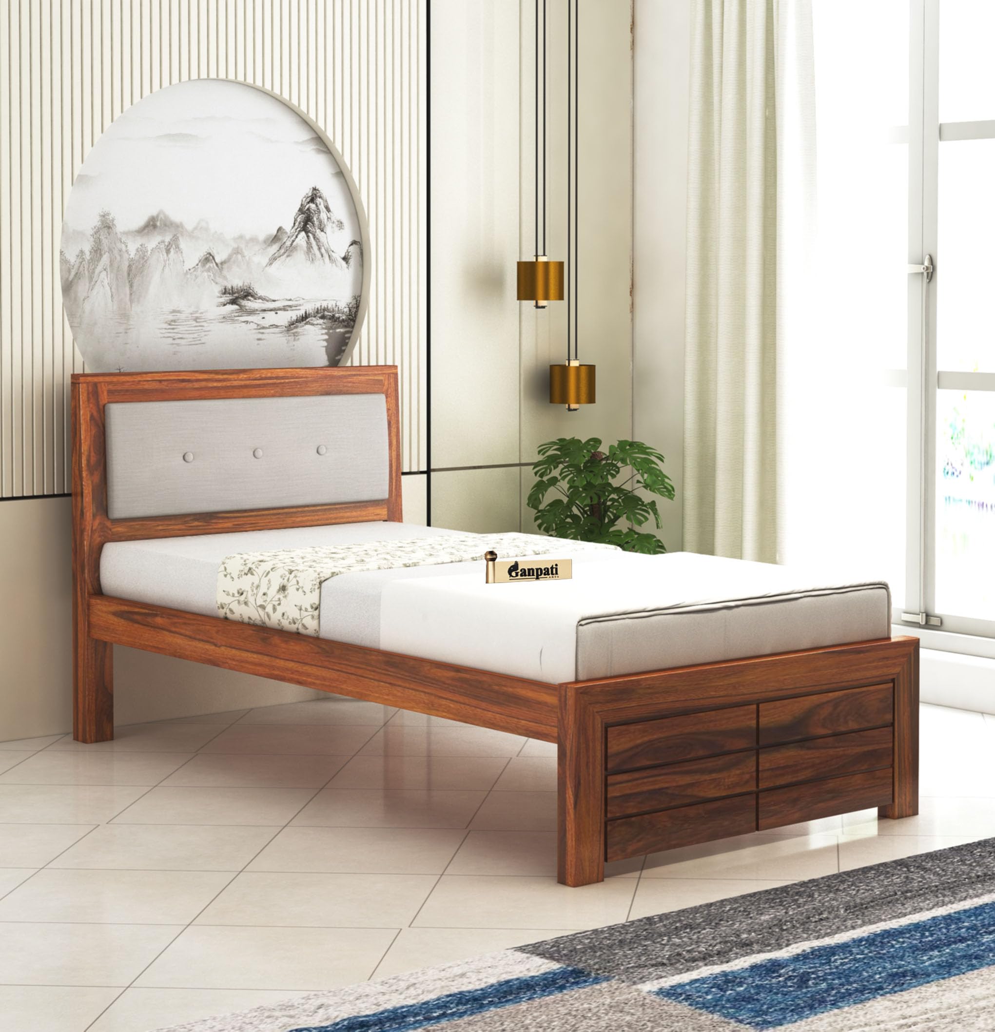Ganpati Arts Solid Sheesham Wood Single Size upholstered Euro Bed Without Storage | Wooden Single Bed Cot Palang Furniture for Bedroom Living Room Home and Hotel (Natural Finish)