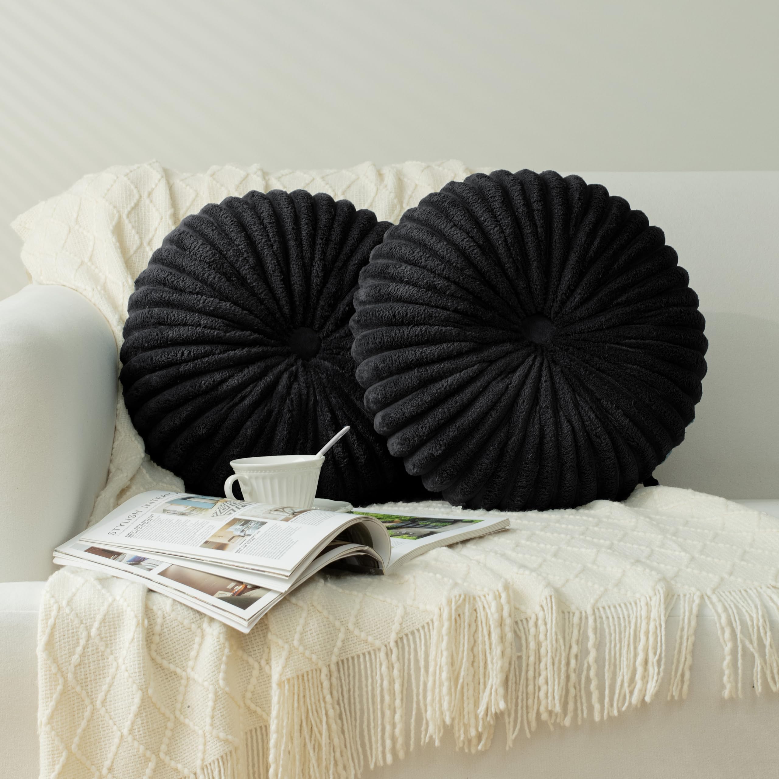 HIG Set of 2 Black Flannel Decorative Round Pleated Throw Pillows