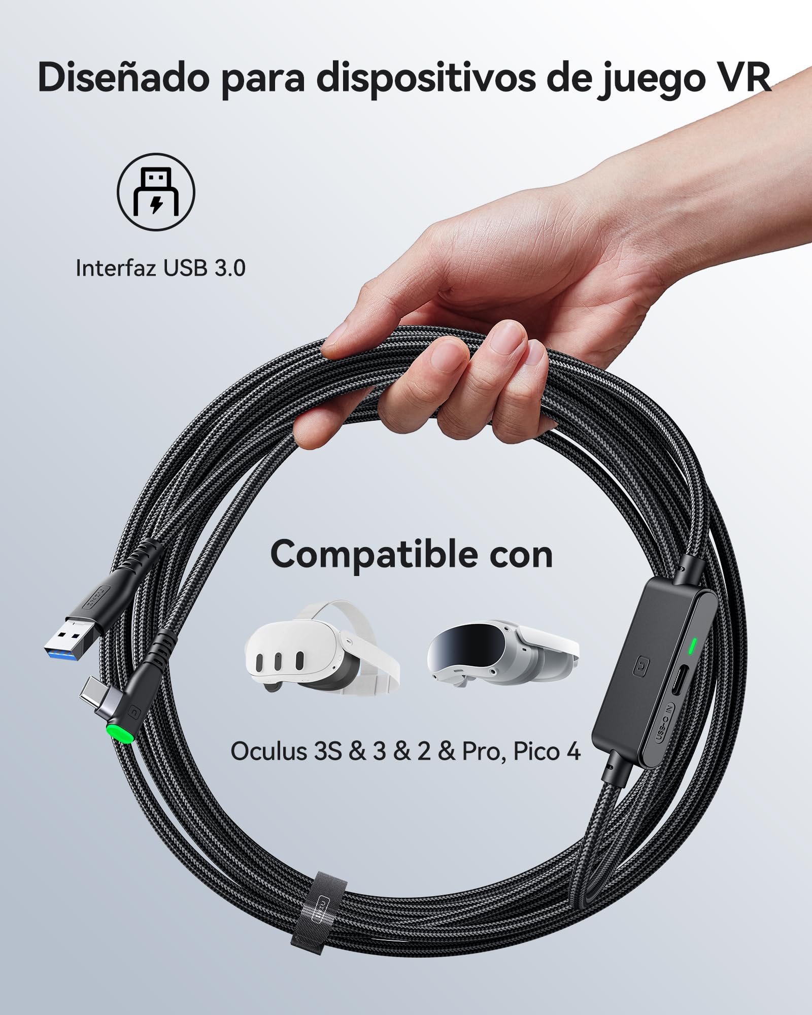 INIU Cable Link de 5m, Cable Link USB 3.0 a USB C con Meta Oculus Quest 3s, Quest 3 2 1, Quest Pro, Pico 4, PC Steam VR Accesorios, Transferencia de Datos de Alta Velocidad, Cable para Auriculares VR