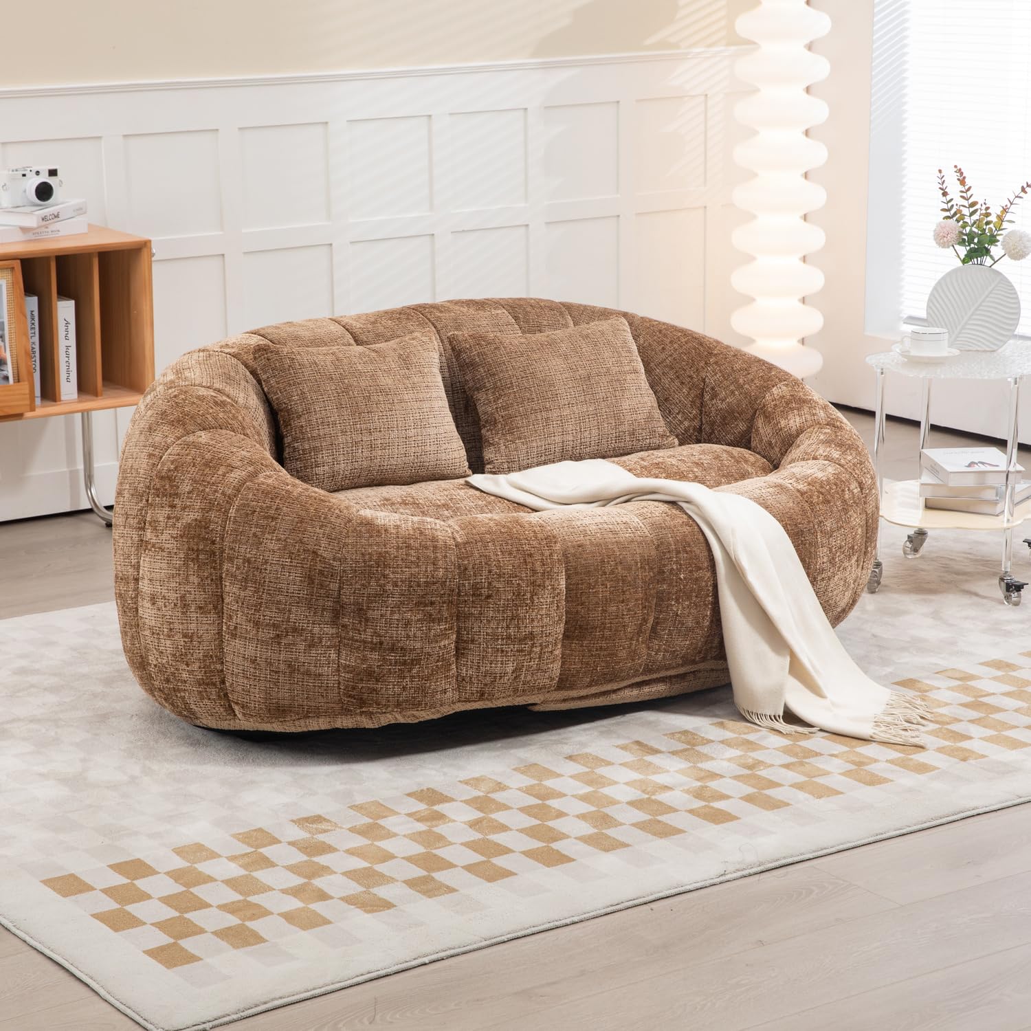 Giant Bean Bag Couch Chair with 2 Pillows, Oversized Memory Foam Bean Bag Sofa, High Back Chenille Floor Lounger for Adults, Living Room, Bedroom (Coffee)