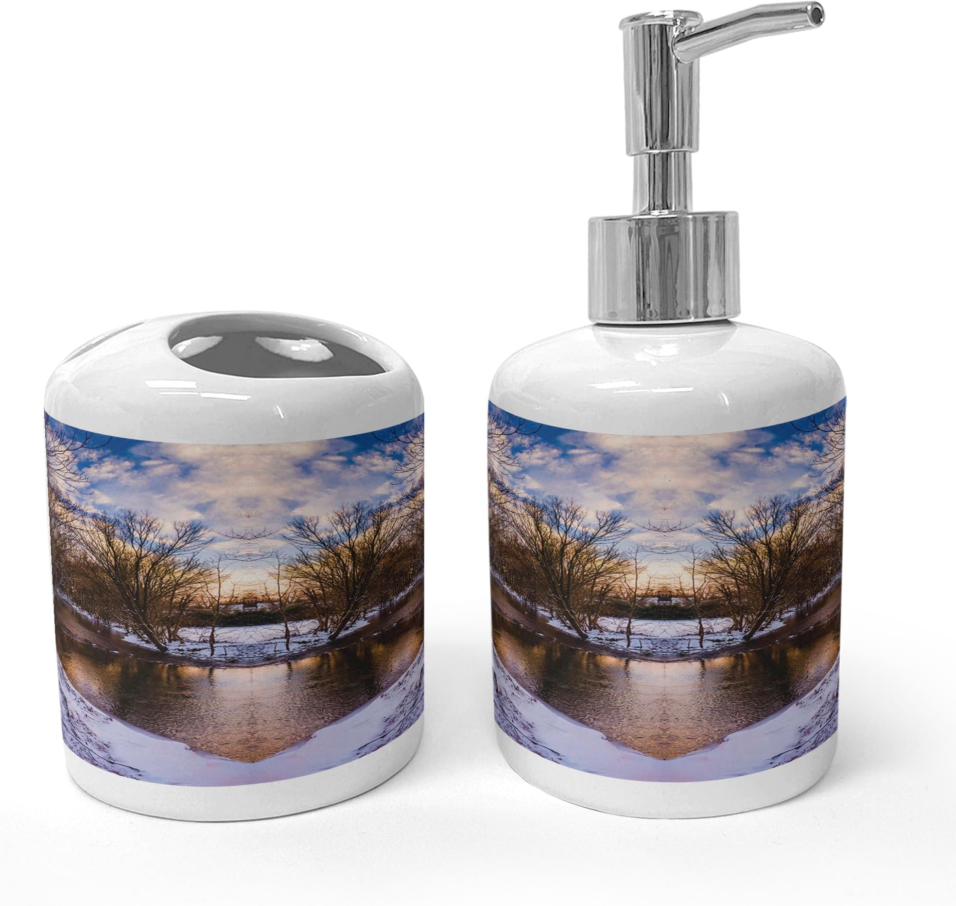 Ambesonne Landscape Soap Dispenser & Toothbrush Holder Set, Snowy Winter Park Trees Heart Shape Lake River Sunset View Symmetrical Art, Ceramic Bathroom Toiletry Accessories, 2 Pcs, Brown and White
