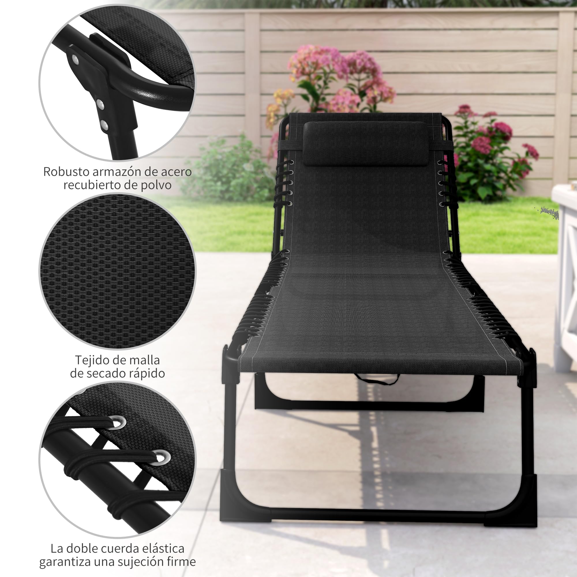 Outsunny Tumbona Plegable, Tumbona Jardín Exterior Reclinable 4 Posiciones con Reposacabezas y Marco de Acero, Carga 120 kg, para Terraza, Piscina, Playa, 189x58x30 cm, Negro