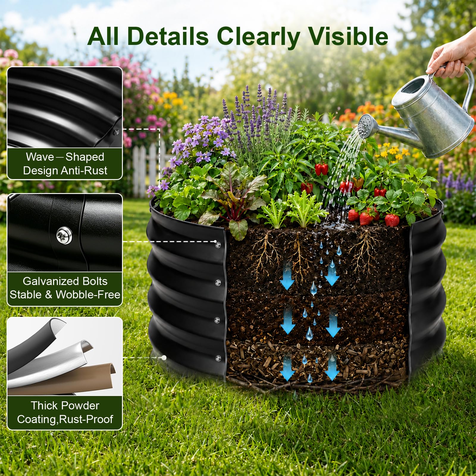 2er Innenhof Rund Hochbeet Metall,Wetterfest Hochbeete für Garten60x60x28cm | Rostbeständig Verzinkte Kleines Hochbeet,Bodenloser Pflanzring mit Gummikante,Kräuterbeet für Pflanzen Gemüse, Blumen