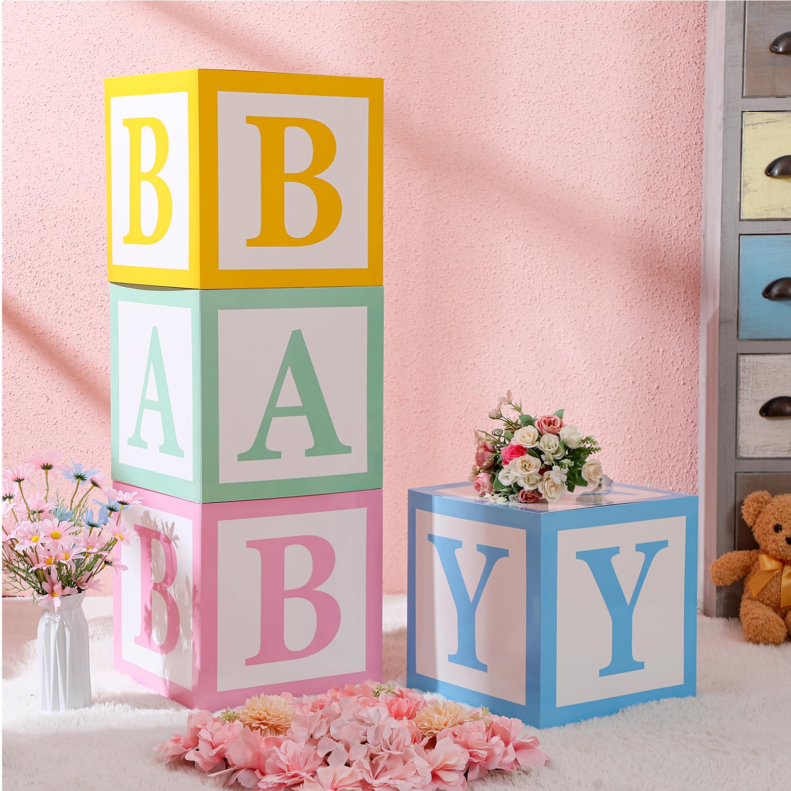Humyoun 4 buzones para baby shower, cajas de dulces arcoíris para bebé, decoración de baby shower, donas, cajas de dulces pastel, cajas de caramelos, recuerdos de fiesta con letras para baby shower