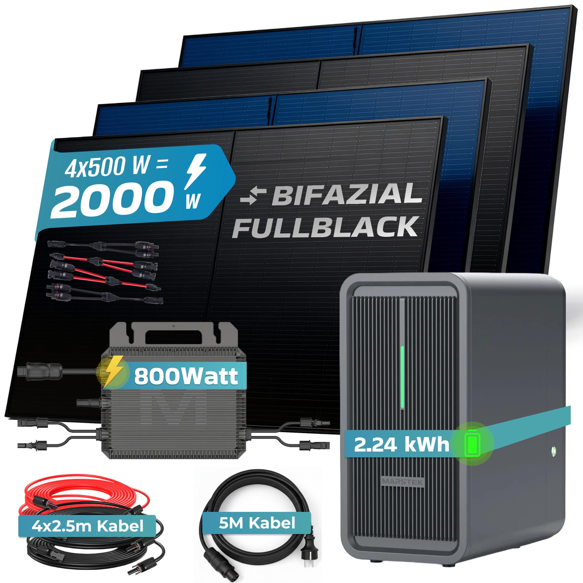 SUNNIVA® 2000W Balkonkraftwerk mit 2,24 kWh Speicher MARSTEK B2500-D, BIFAZIAL FULLBLACK komplett Steckdose, PV Solaranlage Komplettset mit Solarspeicher, 4x 500W N-Type Glas Bifacial Module