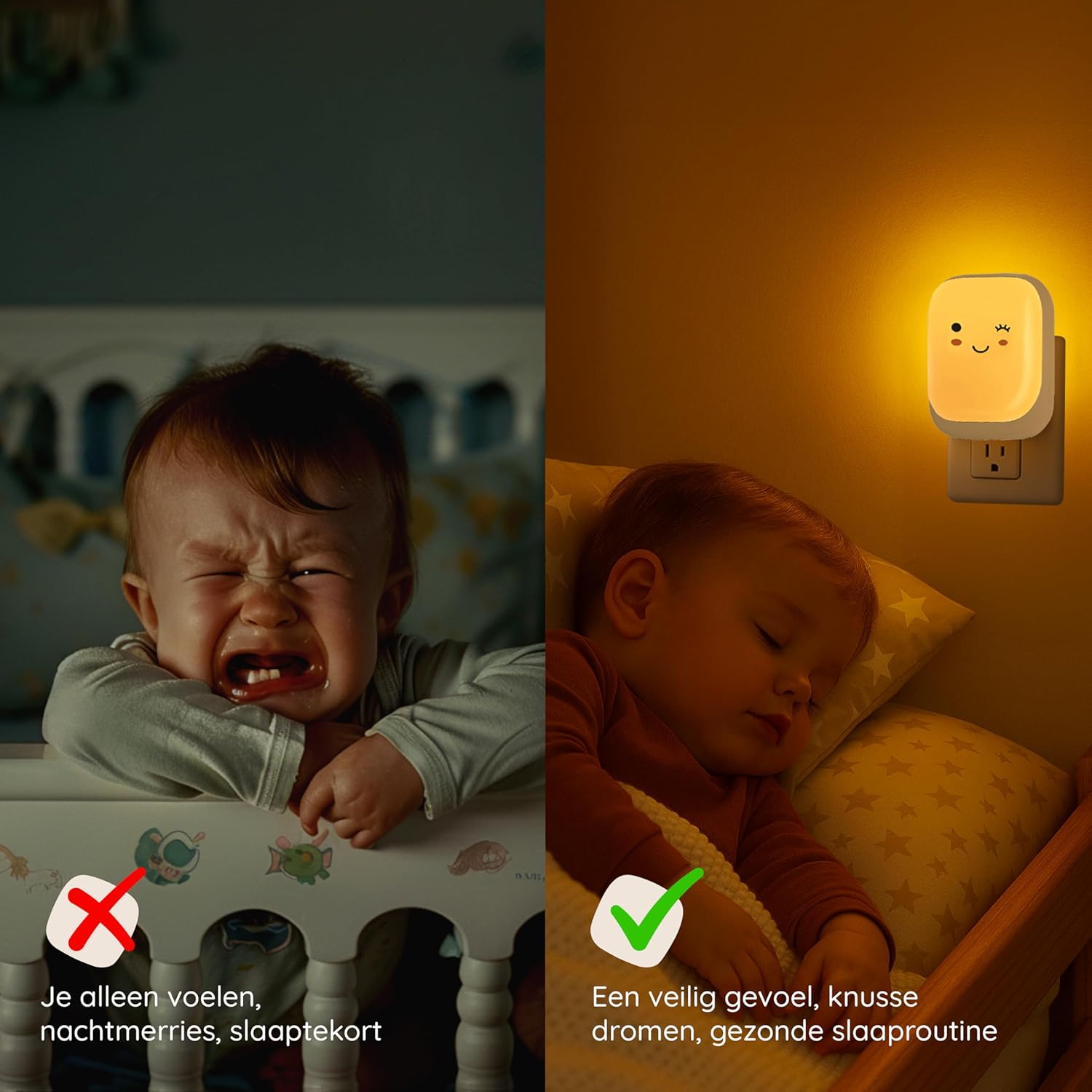 Image contrasting a crying baby with a crossed-out symbol against a sleeping baby with a checkmark symbol, illustrating how the night light promotes a safe feeling and healthy sleep routine.