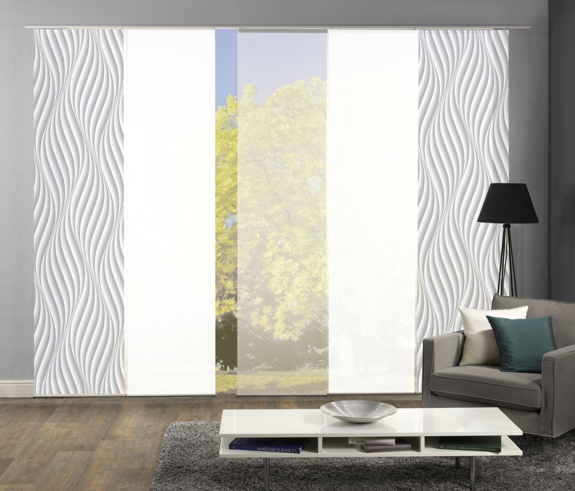 5er-Set Flächenvorhang, Deko Blickdicht, Jennifer, Höhe 245 cm, 2X Dessin grau / 2X Uni weiß Blickdicht / 1x Uni weiß halbtransparent