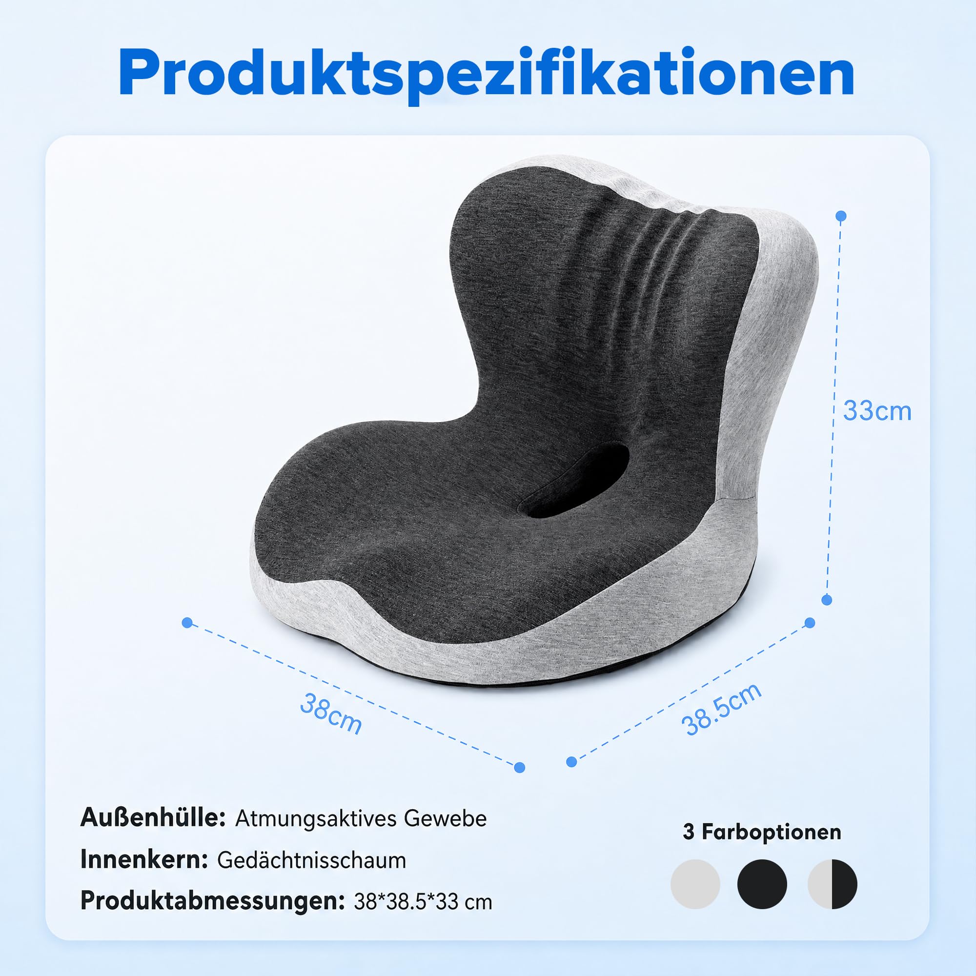 Urban Deco Orthopädisches Sitzkissen mit Rückenlehne, L-förmiges ergonomisches Sitzkissen aus Memoryschaum für Bürostuhl, Auto, Rollstuhl, rückenschonende Wirbelsäulenstütze, Dunkelgrau,1PCS