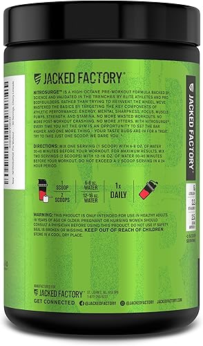 Miniatura 23 de Jacked Factory - Suplemento preentrenamiento Nitrosurge - Energía, aumento de la fuerza, concentración clara, bombeo intenso - Polvo energético
