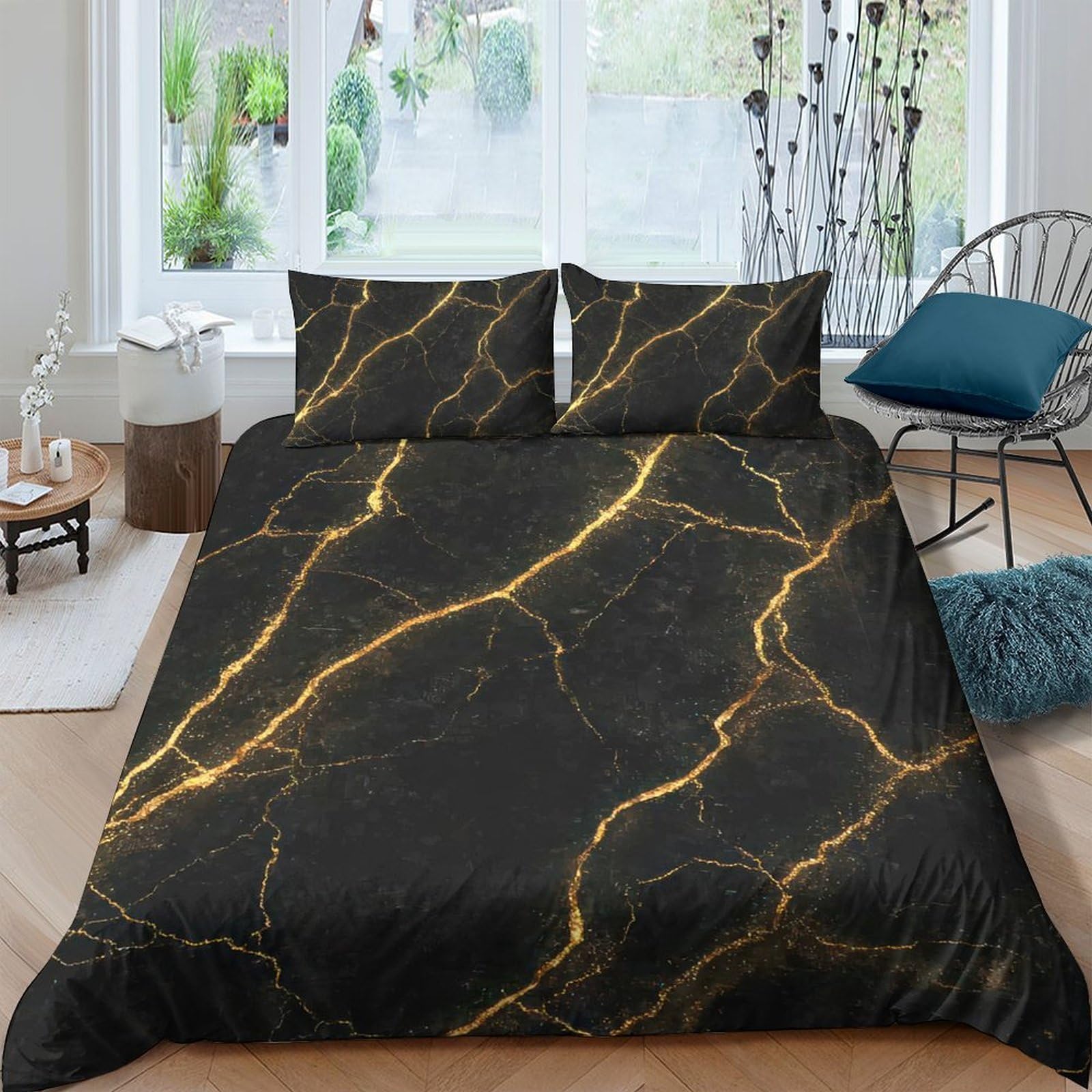 Ctjqhvkz Style-10 3D Printed Black Gold Marble Fitted Sheet Microfiber Soft Breathable Lightning Mattress Cover For Bedroom Home Decor Single（135X200cm）