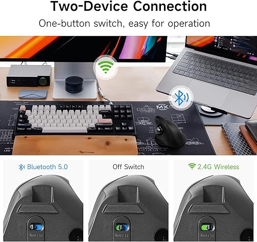 Miniatura 5 de SANWA Ratón inalámbrico Bluetooth + 2.4G, silencioso, ergonómico, ratón de pulgar vertical programable, conexión de 2 dispositivos, compatible con