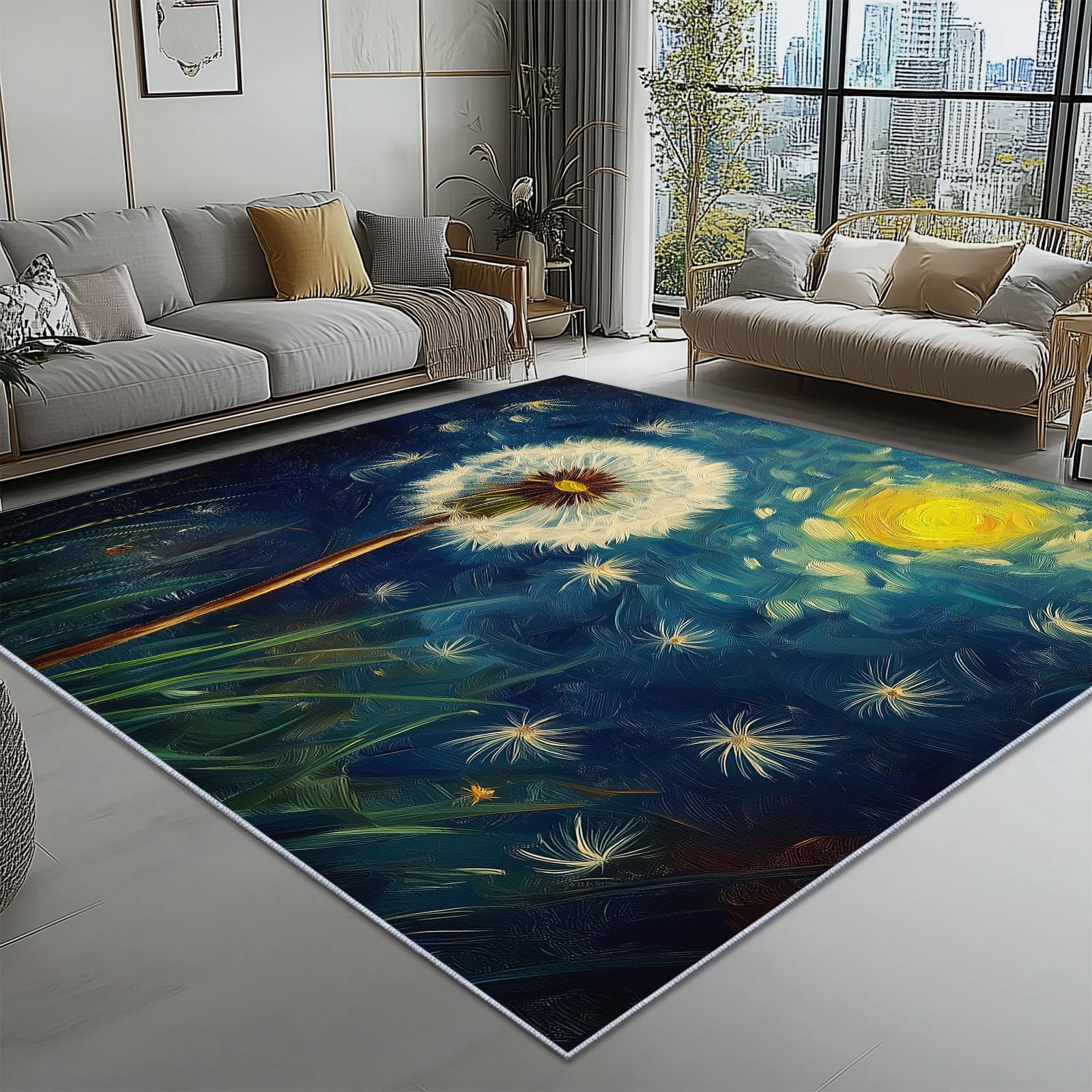 Dywan, 120 x 170 cm, nasiona mniszka lekarskiego, do salonu, krótkie runo, nadaje się do prania – do jadalni, nowoczesnego, dużego, abstrakcyjnego stylu, super miękki, antypoślizgowy, puszysty