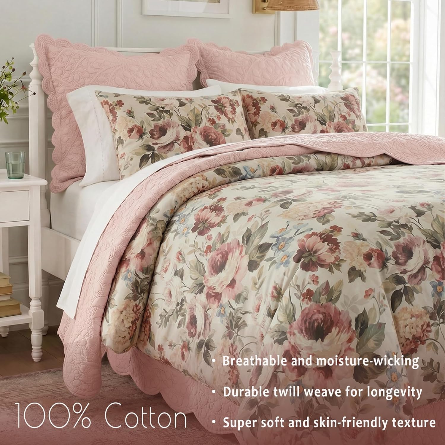 Bedorm Cotton Floral Duvet Cover Set King Size Bedding Set Pink Red Floral Botanical Print Girls Women Romantic Bedroom Decor Soft & Breathable 100% Cotton Duvet Cover with 8 Corner Ties