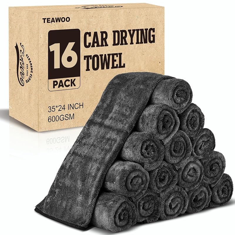 Kit com 16 toalhas de microfibra para secagem automotiva TEAWOO 600 GSM, 88,9 x 61 cm