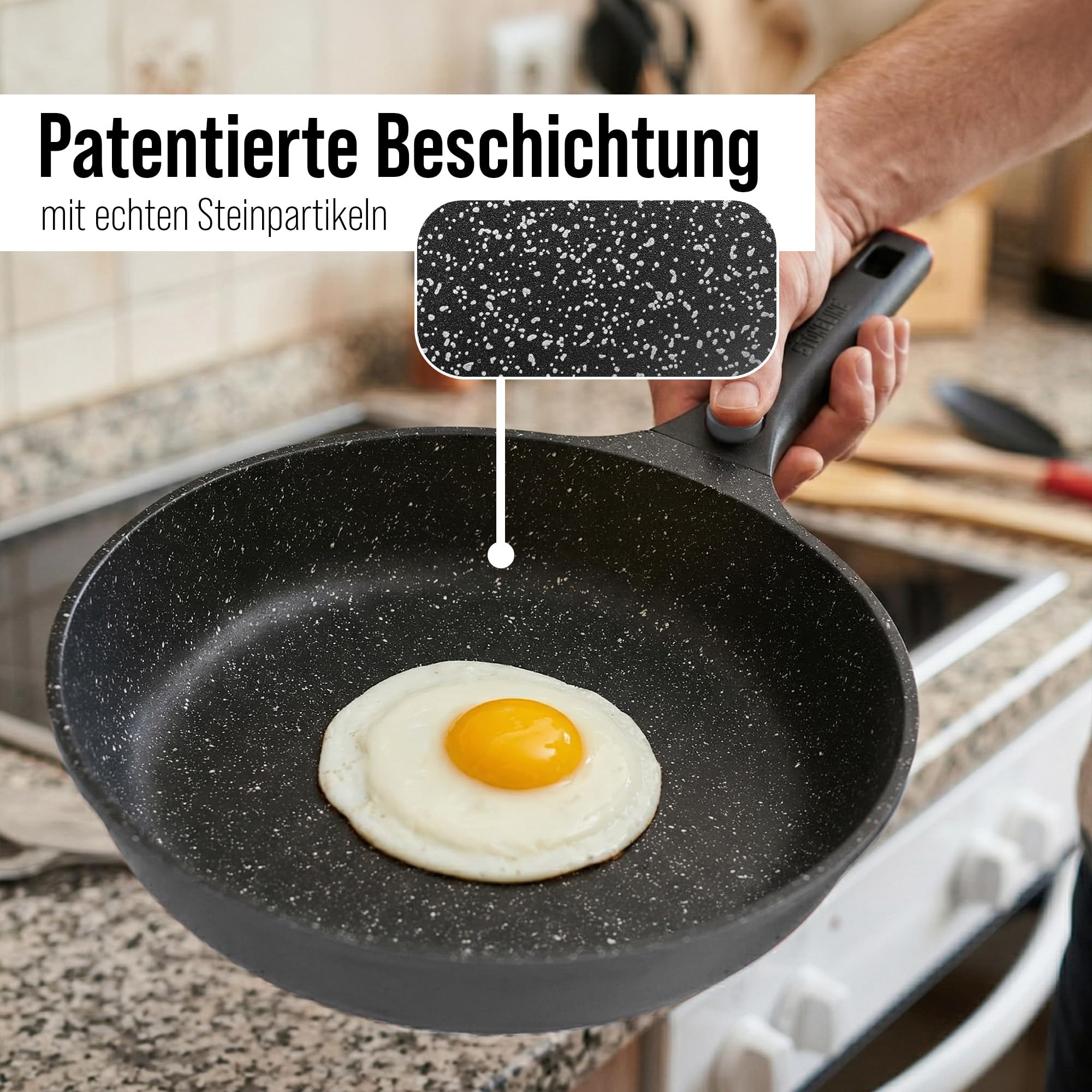 STONELINE SMART Bratpfanne mit Abnehmbarem Griff 28 cm ☆ REDESIGN 25/26 ☆ Große Aluguss Pfanne Induktion, Für alle Herdarten, Antihaftbeschichtet mit echten Steinpartikeln, Grau