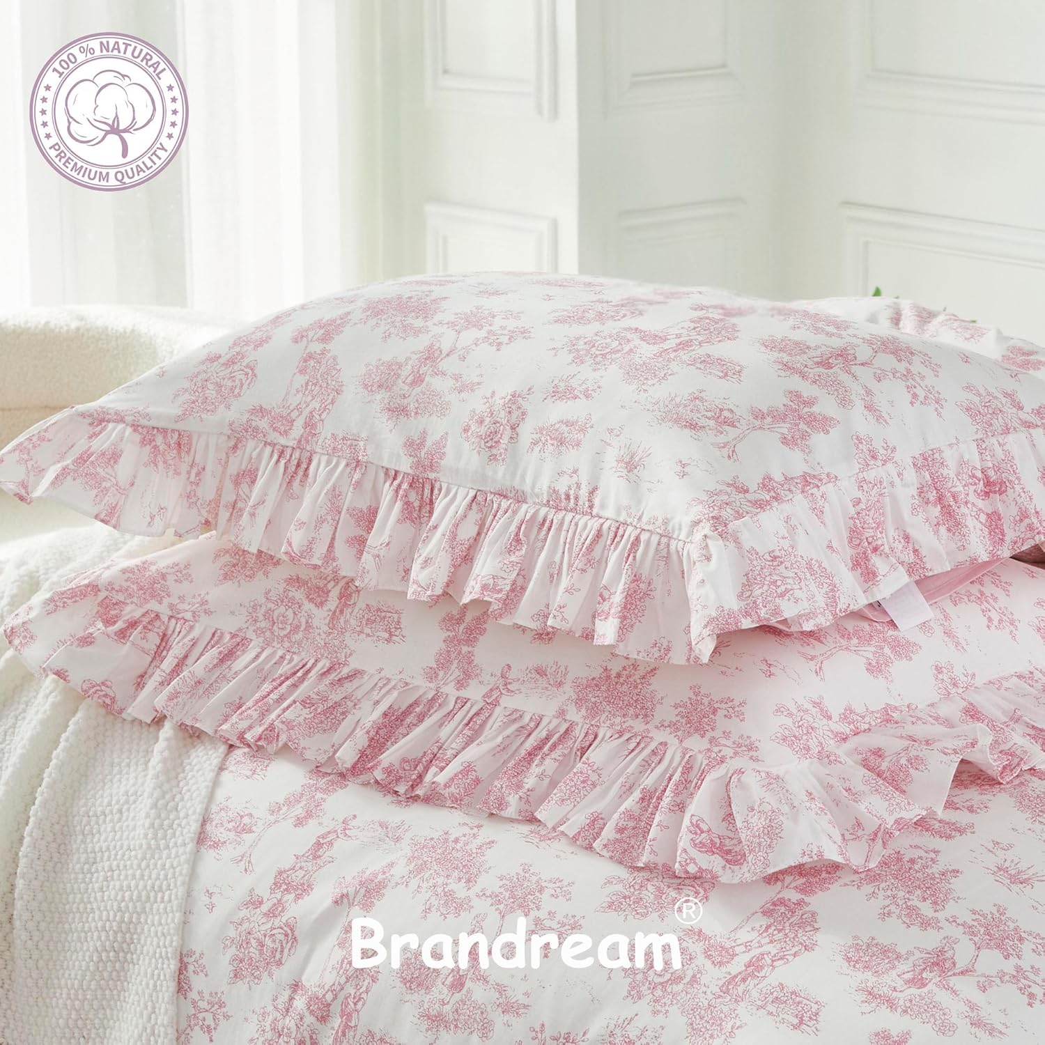 Brandream French Country Toile Queen Duvet Cover Set for Girl Women Bedroom Vintage Pink Toile Floral Print 100% Cotton Duvet Quilt Comforter Cover Pillow Shams Set with Delicate Ruffle Fringe - Image 6