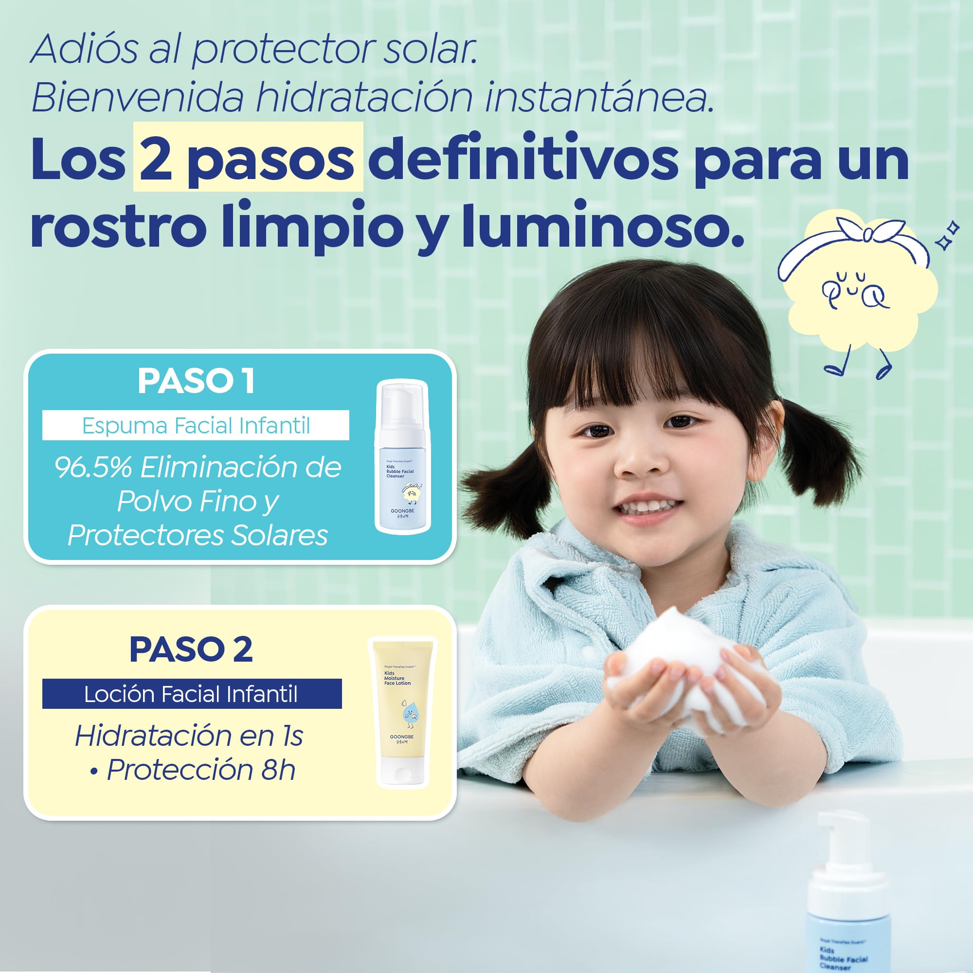 GOONGBE Loción facial hidratante para niños, hidratación facial diaria para niños coreanos, crema hidratante refrescante de 8 horas con Cica y alantoína, fragancia sin alérgenos,