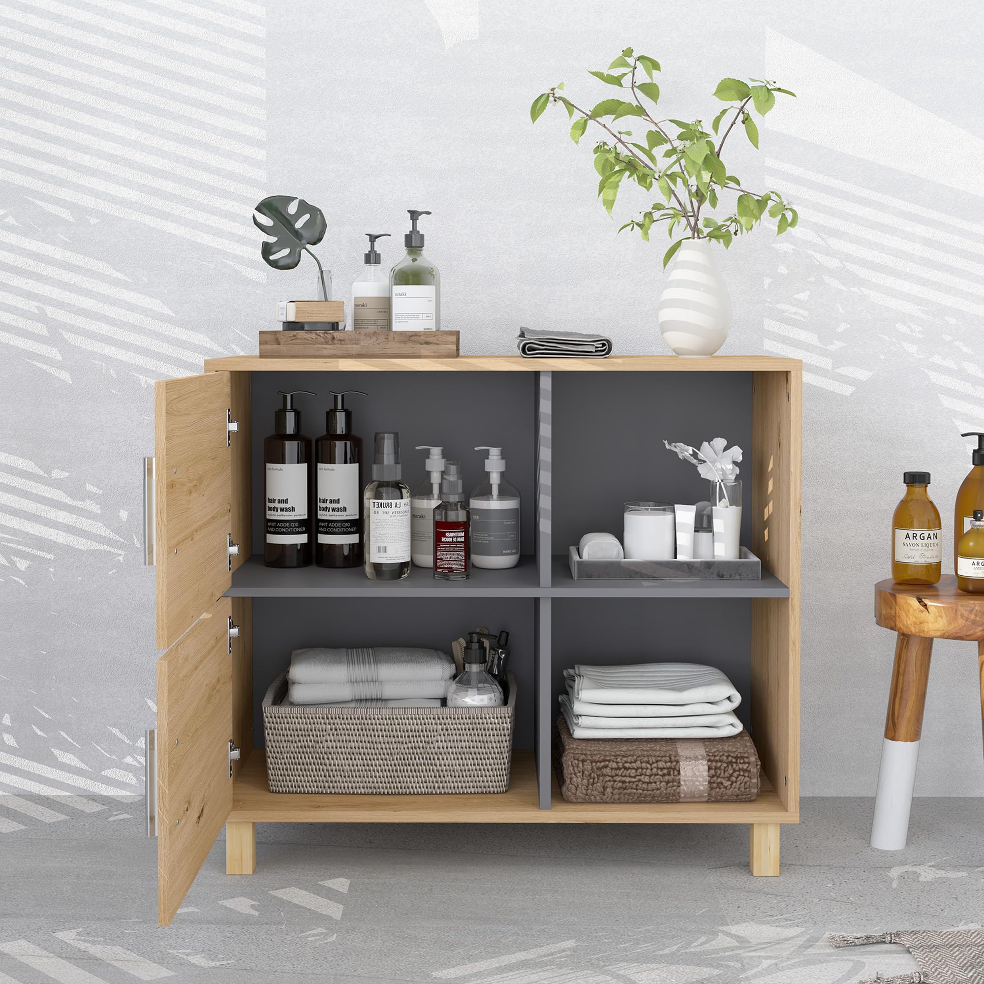 HOMCOM Meble łazienkowe, szafka do przechowywania z otwartymi przegródkami i szafą, szafka łazienkowa niedz. 80 l x 35P x 70H cm, naturalne drewno