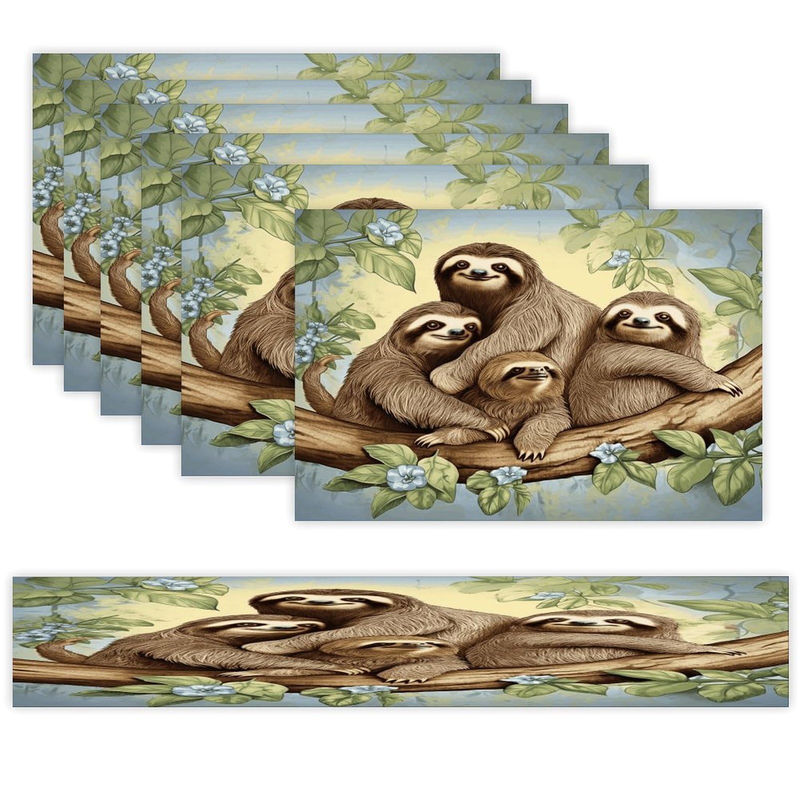 Sloth Family Table Runner and Placemats of 6 Washable Heat Resistant Place Mats with Table Runner Vintage Holiday Table Mat Set for Holiday Party Kitchen Dining Deco
