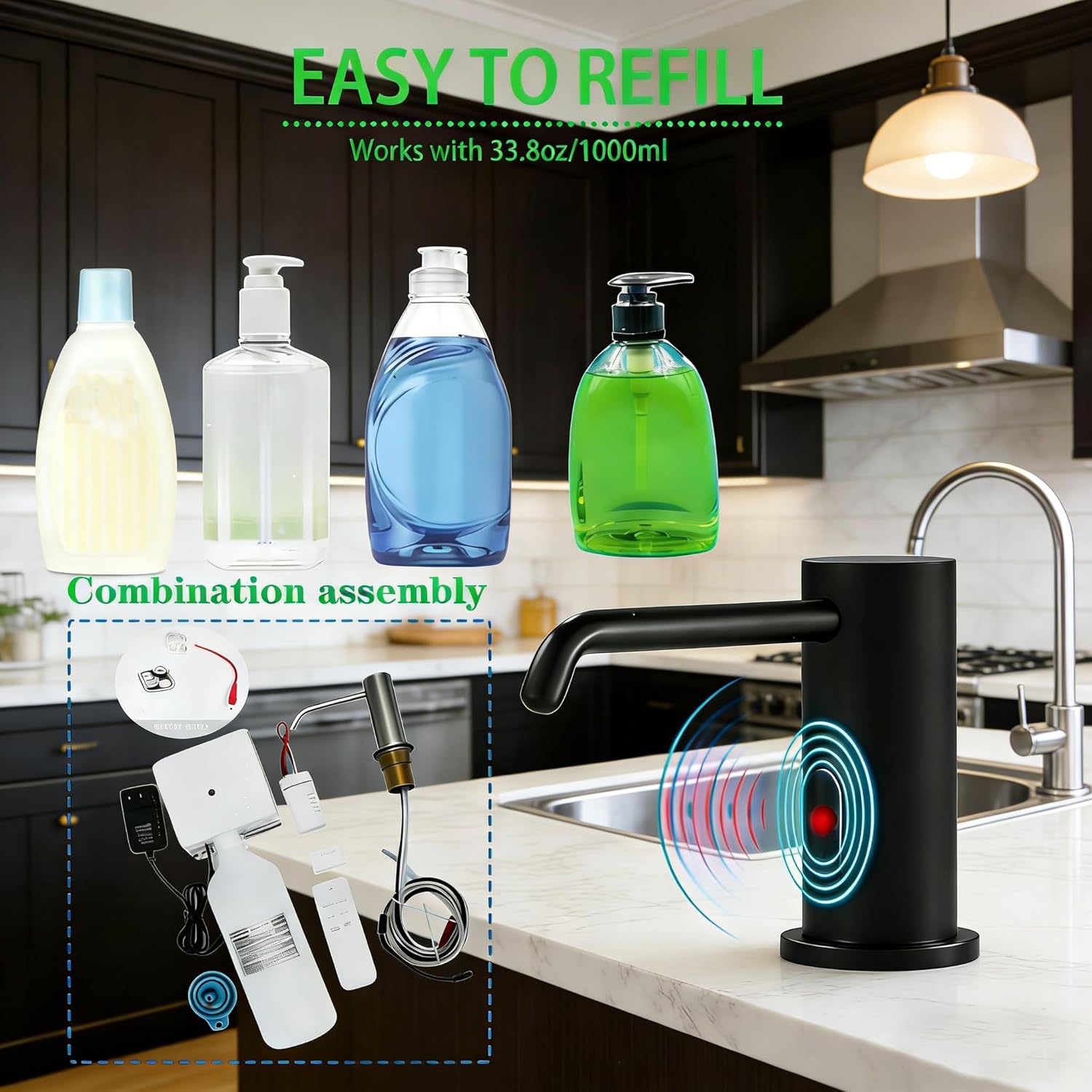 Touchless Automatic Soap Dispenser – 1000ml Brushed Nickel Built-in Pump for Kitchen & Bathroom Sink, Commercial Grade with Infrared Sensor, Stainless Steel Body, No Touch Electric Soap Dispenser