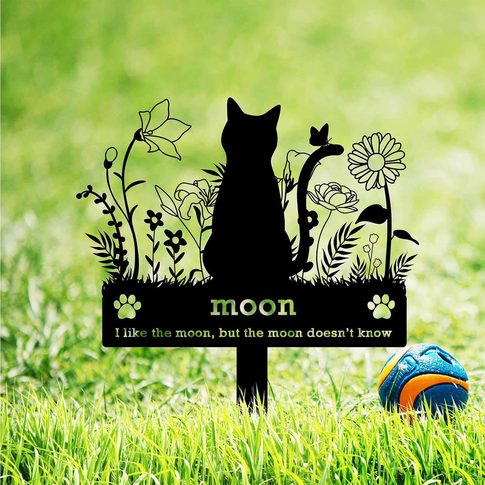 BeNsil Personalized Metal Cat Memorial Stake Grave Marker,Custom Stars Moon Cat Grave Marker Outdoor,Personalized Cat Name Remembrance Yard Stake Pet in Heaven Loss of Cat Sympathy Gift