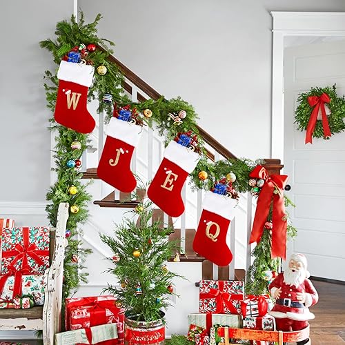 Miniatura 6 de Medias de Navidad con monograma de 20 pulgadas con letras, medias de Navidad grandes súper suaves, terciopelo rojo con puño de felpa súper suave