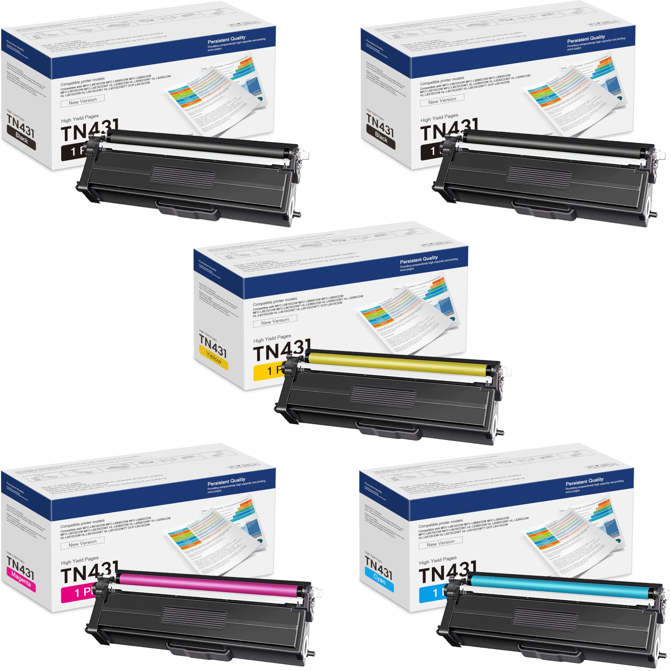 TN 431 Toner High Yield 5 Pack Compatible TN431BK TN431C TN431M TN431Y Replacement for Brother TN431 Work with HL-L8260CDW HL-L8360CDW HL-L8360CDWT
